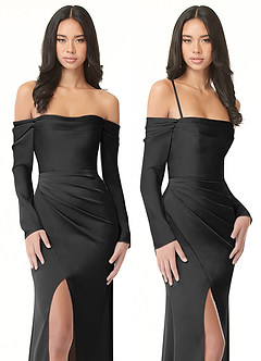 Azazie Hallie Bridesmaid Dresses Black Sheath Off-The-Shoulder Long Sleeve Stretch Satin Convertible Dress image9