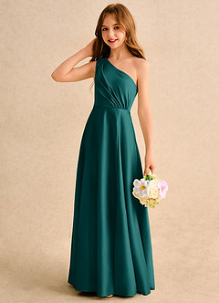 Azazie Puddles Girls Formal Abiti da Ragazza di Fiori Abito A-Line in Raso Opaco Monospalla Verde Pavone image6