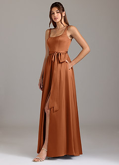 Azazie Elliott Bridesmaid Dresses Copper A-Line with Pockets Stretch Satin Dress image4