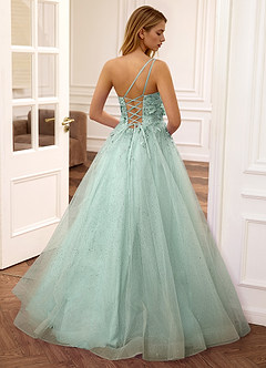 Felicite Light Green Floral A-line Tulle Sequin One Shoulder Glitter Prom Dress image3