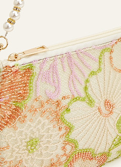 front Sequin Embroidered Floral Pearl Strap Shoulder Bag