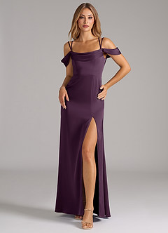 Azazie Callan Bridesmaid Dresses Plum A-Line Pleated Stretch Satin Convertible Dress image3