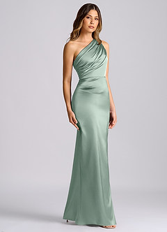 Azazie Akilah Bridesmaid Dresses Agave Mermaid One Shoulder Stretch Satin Dress image3
