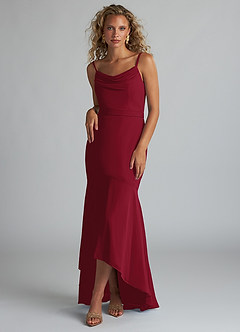 Azazie Summer Bridesmaid Dresses Burgundy Mermaid Scoop Cowl Chiffon Dress image1