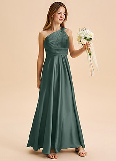 Azazie Charlize Junior Abito A-Line in Raso Elasticizzato Plissettato Muschio Marino image3