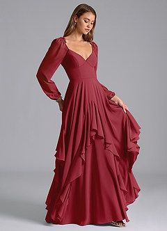 Azazie Karan Bridesmaid Dresses Pomegranate A-Line Long Sleeve Chiffon Dress image4