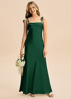 Azazie Willa Junior Dark Green A-Line Bow Stretch Satin Dress image4