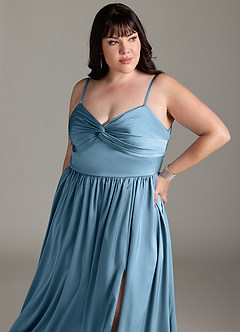 Azazie Zeya Bridesmaid Dresses Steel Blue A-Line Pleated Stretch Satin Dress image14
