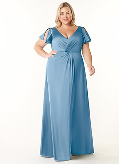 Azazie Soren Bridesmaid Dresses Powder Blue A-Line Pleated Stretch Satin Dress image8