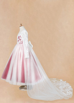 Azazie Elodie Flower Girl Dresses Ivory Burgundy Ball-Gown Lace Dress image14