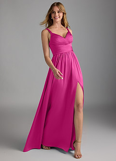 Azazie Chanel Final Sale Fuchsia A-Line Pleated Stretch Satin Dress image6