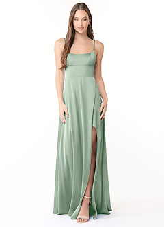 Azazie Halsey Final Sale Agave A-Line Side Slit Stretch Satin Dress image1