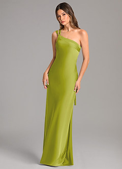 Azazie Monroe Brudtärnklänningar Klä av Sjöjungfru i Stretch Satin Ena axeln Citrongräs image3