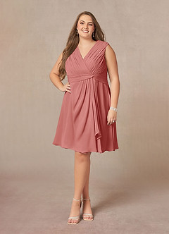 Azazie Theron Mère de la mariée Robes Robe Trapèze en Mousseline de soie Col V plissé Antique Rose image6