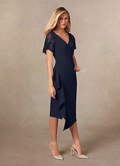 Azazie Eloise Mother of the Bride Dresses Dark Navy Sheath Pleated Stretch Crepe Dress image5
