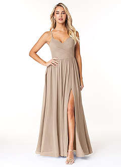 Azazie Dominic Bridesmaid Dresses Taupe A-Line V-Neck Pleated Chiffon Dress image1