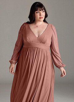 Azazie Norah Bridesmaid Dresses Cedar Rose A-Line V-Neck Long Sleeve Chiffon Dress image12