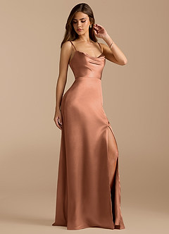 Azazie Erma At-home Try On Dresses Bronzer A-Line Side Slit Metallic Satin Dress image3