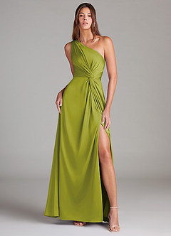 Azazie Brooke Robes de demoiselle d'honneur Robe Trapèze en Satin extensible Une épaule Citronnelle image2