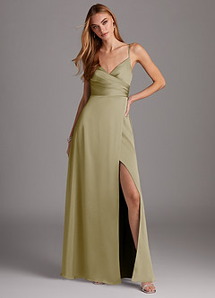 Azazie Calissa Bridesmaid Dresses Moss Green A-Line V-Neck Pleated Stretch Satin Dress image3