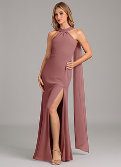 Azazie Kinsley Vestidos de damas de honor Vestido de Rosa Del Desierto de Gasa de Corte Sirena con Plisado image1