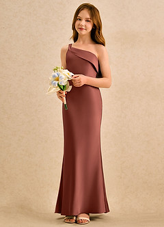 Azazie Almond Girls Formal Sukienki dla dziewczynek sypiących kwiaty Osłona Jedno ramię Satyna elastyczna Długość podłogi Sukienka image3