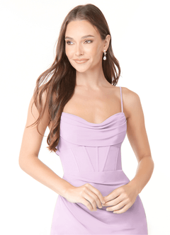 Azazie Mai Bridesmaid Dresses Frosted Lilac Sheath Pleated Chiffon Dress image5
