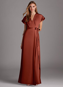Azazie Nico Bridesmaid Dresses Terracotta A-Line V-Neck Stretch Satin Dress image1