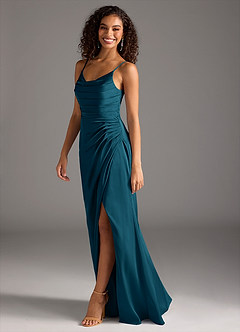 Azazie Deandra Bridesmaid Dresses Ink Blue Mermaid Pleated Stretch Satin Dress image5