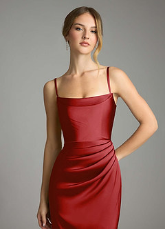 Azazie Leonis Bridesmaid Dresses Pomegranate Mermaid Pleated Stretch Satin Convertible Dress image3