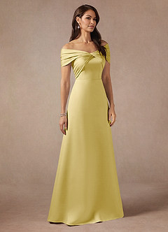 Azazie Amelia Mother of the Bride Dresses Lemon Sorbet A-Line Off the Shoulder Stretch Satin Dress image4