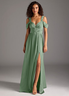 Azazie Lianne Robes de demoiselle d'honneur Robe Trapèze en Satin extensible Épaule décolletée Matcha image8