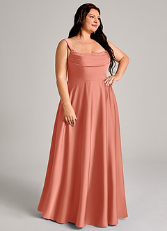 Azazie Shaude Bridesmaid Dresses Salmon Pink A-Line Pleated Stretch Satin Dress image10
