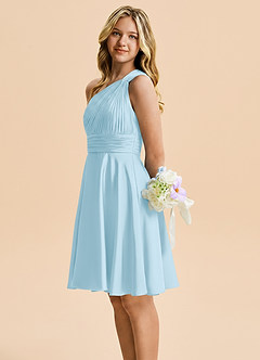 Azazie Charlize Junior Sky Blue A-Line Pleated Stretch Satin Dress image3