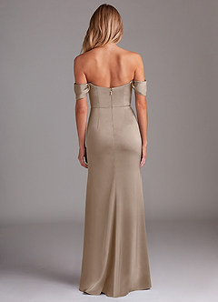 Azazie Saige Bridesmaid Dresses Taupe Sheath Off the Shoulder Stretch Satin Dress image10