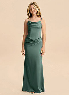 Azazie Sorrel Junior Sea Moss Mermaid Ruched Stretch Satin Dress image6