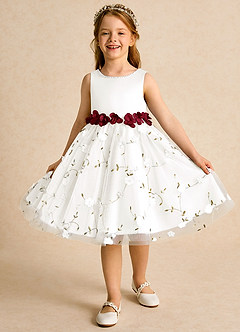 Azazie Starri Flower Girl Dresses Ivory Burgundy Ball-Gown Beaded Matte Satin Dress image4