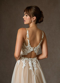 Azazie Goddess Wedding Dresses Diamond White Sand A-Line V-Neck Sequins Tulle Dress image9