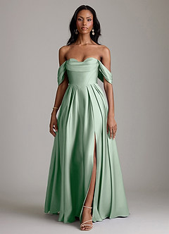 Azazie Loisa Robes de demoiselle d'honneur Robe Trapèze en Satin extensible Épaule décolletée Agave image7