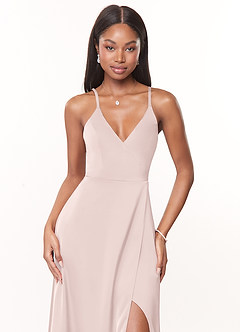 Azazie Maksim Bridesmaid Dresses Blushing Pink A-Line V-Neck Stretch Satin Dress image4