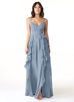 Azazie Peyton Robes de demoiselle d'honneur Robe Trapèze en Mousseline de soie Rayé Bleu Poussiéreux image5