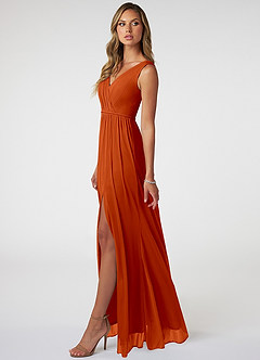 Azazie Tanicia Bridesmaid Dresses Paprika A-Line V-Neck Pleated Mesh Dress image3
