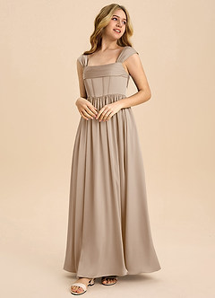 Azazie Hattie Junior Abito A-Line in Raso Elasticizzato Plissettato Taupe image1