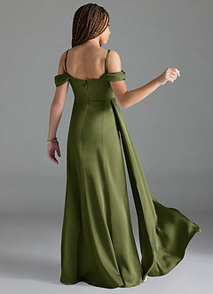Azazie Amyra Junior Olive Sheath Off the Shoulder Stretch Satin Dress image2