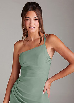 Azazie Eren Vestidos de damas de honor Vestido de Salvia Plateada de Gasa de Corte Recto con Hombro unilateral image6