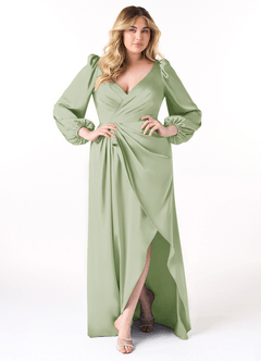 Azazie Mel Robes de demoiselle d'honneur Robe Fourreau en Satin extensible Manche longue Vert Sauge image7