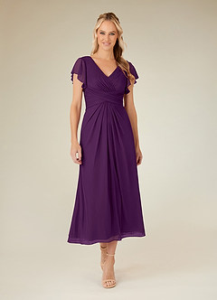 Azazie Vera Mother of the Bride Dresses Grape A-Line V-Neck Pleated Mesh Dress image1