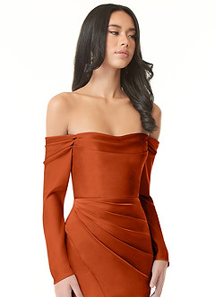 Azazie Hallie Robes de demoiselle d'honneur Robe Fourreau Convertible en Satin extensible Schulterfreies Langarmshirt Paprika image1