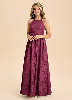 Azazie Arianthe Junior Mulberry A-Line Pleated Floral Burnout Dress image3