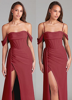 Azazie Amyra Bridesmaid Dresses Pomegranate Sheath Off the Shoulder Chiffon Convertible Dress image9